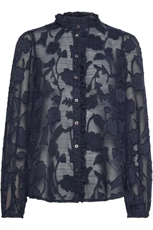 Freequent Shirt From Freequent In A Transparent Material With Stripes And A Floral Pattern Tops Blouses Long-sleeved Navy