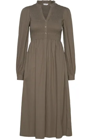BUBBLEROOM V-Neck Cotton Smock Dress Knælang Kjole Brown