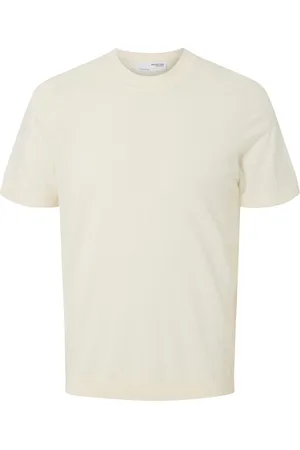 SELECTED Slhtray Ss Knit Merino Crew Neck Tops T-Kortærmet Skjorte Cream