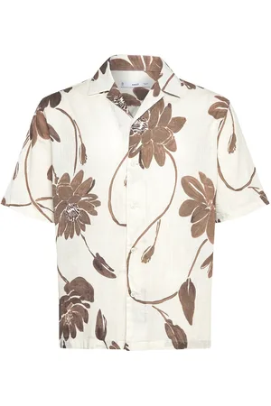 MANGO Floral-Print Shirt With Bowling Collar Tops Shirts Short-sleeved Shirts Brown