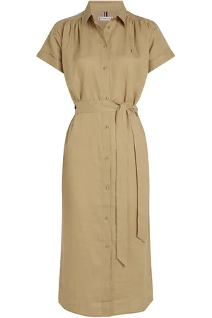 Tommy Hilfiger Ess Linen S/S Midi Shirt Dress Knælang Kjole Beige