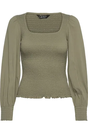Ralph Lauren Smocked Jersey Blouson-Sleeve Top Tops T-shirts & Tops Long-sleeved Green