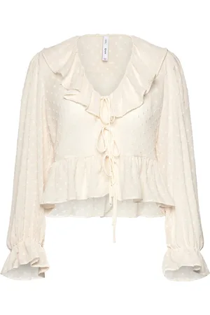 MANGO Ruffled Blouse With Bow Closure Tops Blouses Long-sleeved Beige