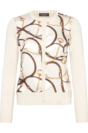 Ralph Lauren Belting-Print Cotton-Blend Cardigan Tops Knitwear Cardigans Cream
