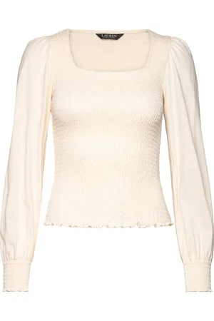 Ralph Lauren Smocked Jersey Blouson-Sleeve Top Tops T-shirts & Tops Long-sleeved Cream