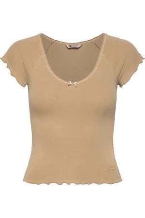 Tommy Hilfiger Tjw Slim Vneck Gmd Rib Ss Tops T-shirts & Tops Short-sleeved Beige