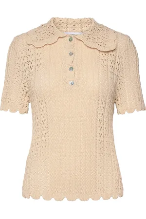 MANGO Openwork Knitted Polo-Neck Sweater Tops Knitwear Jumpers Beige