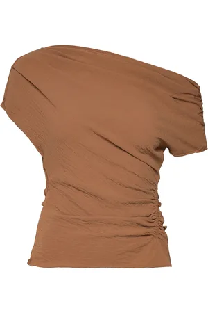 MANGO Asymmetric Ruched Top Tops T-shirts & Tops Short-sleeved Brown