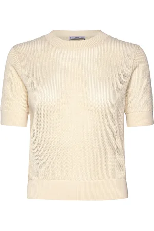 MANGO Short-Sleeved Openwork Knitted Sweater Tops Knitwear Jumpers Beige