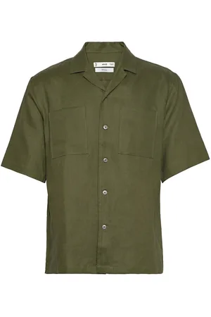 MANGO 100% Linen Bowling-Collar Shirt Tops Shirts Short-sleeved Shirts Green