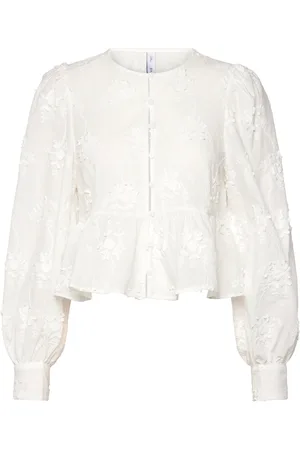 MANGO Flower-Embroidered Cotton Blouse Tops Blouses Long-sleeved White