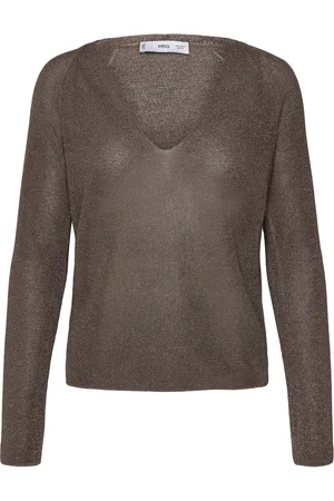 MANGO V-Neck Lurex Sweater Tops T-shirts & Tops Long-sleeved Brown