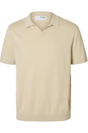 SELECTED Slhmattis Ss Linen Blend Open Polo Noos Tops Polos Short-sleeved Beige