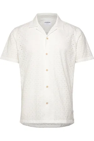 Lindbergh Embroidery Cotton Shirt S/S Tops Shirts Short-sleeved White
