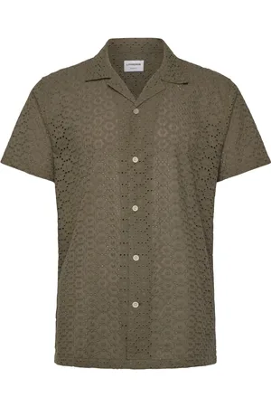 Lindbergh Embroidery Cotton Shirt S/S Tops Shirts Short-sleeved Khaki Green