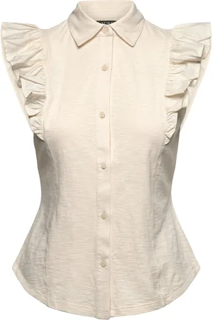 Ralph Lauren Ruffle-Trim Jersey Sleeveless Shirt Tops Blouses Sleeveless Cream