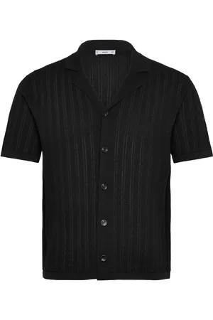 MANGO Knitted Shirt With Pointelle Detail Tops Knitwear Short Sleeve Knitted Polos Black