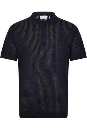 Lindbergh Crochet Knitted S/S V-Neck Polo Tops Polos Short-sleeved Navy
