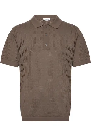 Lindbergh Crochet Knitted S/S V-Neck Polo Tops Polos Short-sleeved Brown
