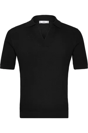 MANGO Structured Fine-Knit Polo Shirt Tops Knitwear Short Sleeve Knitted Polos Black