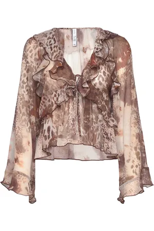 MANGO Printed Blouse With Ruffles And Bow Detail Tops Blouses Long-sleeved Brown