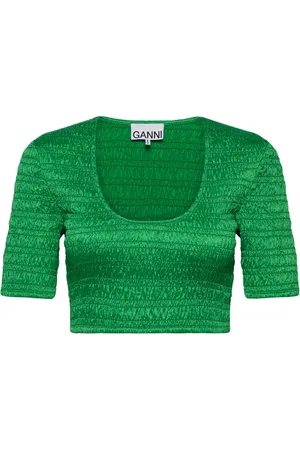 Ganni Crinkled Satin Tops Crop Tops Short-sleeved Crop Tops Green