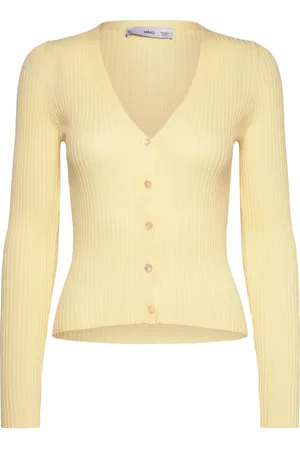 MANGO V-Neck Rib-Knit Cardigan Tops Knitwear Cardigans Yellow