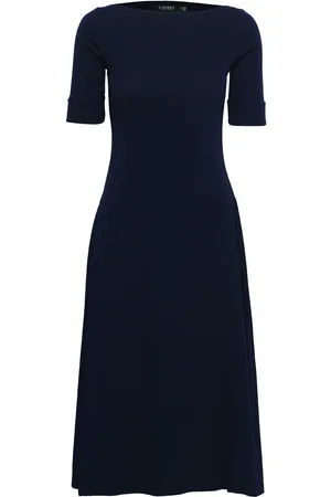 Ralph Lauren Stretch Cotton Midi Dress Knælang Kjole Navy