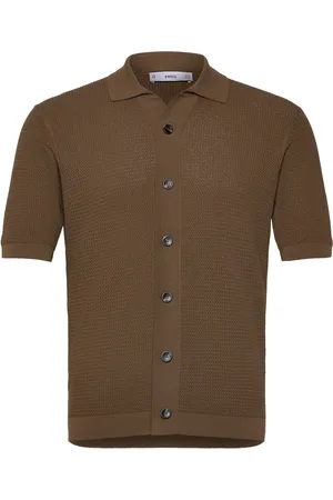 MANGO Structured Knitted Shirt Tops Shirts Short-sleeved Shirts Brown