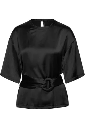 MANGO Satin Blouse With Belt Tops Blouses Short-sleeved Black