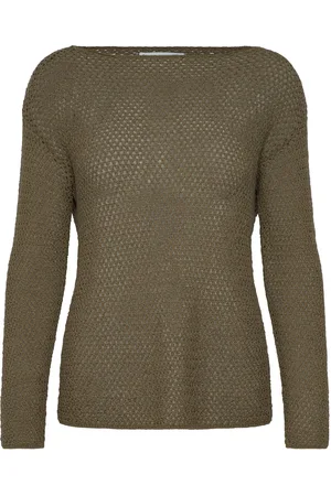 MANGO Openwork Knitted Boat-Neck Sweater Tops Knitwear Khaki Green