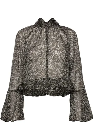MANGO Floral-Print Blouse With Ruffles Tops Blouses Long-sleeved Black