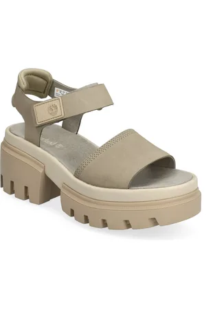 Timberland Everleigh Backstrap Sandal Light Taupe Nubuck Sandal Med Hæl Khaki Green