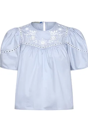 Scotch&Soda Cotton Twill Embroidered Top Tops Blouses Short-sleeved Blue