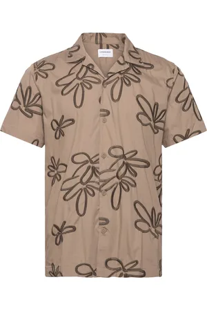Lindbergh Embroidered Cotton Shirt S/S Tops Shirts Short-sleeved Shirts Beige