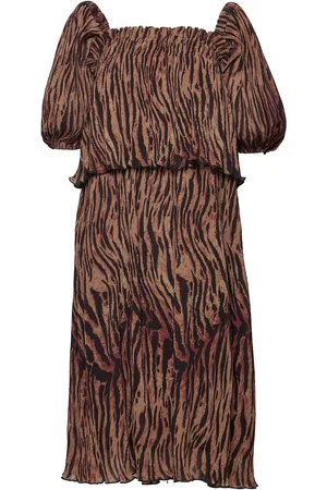 Ganni Pleated Georgette Knælang Kjole Brown
