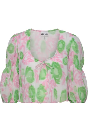 Ganni Pleated Georgette Tops Blouses Short-sleeved Multi/patterned