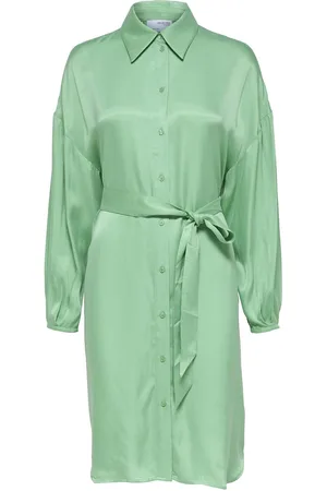 SELECTED Slfirene-Tonia Ls Cupro Shirt Dress B Knælang Kjole Green