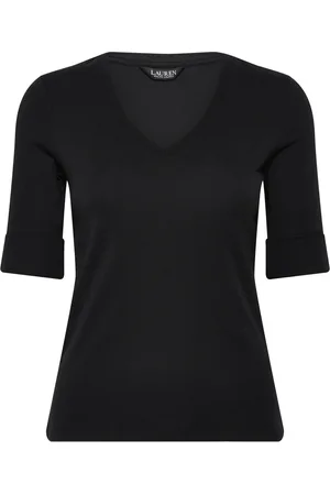Ralph Lauren Stretch Cotton Elbow-Sleeve V-Neck Tee Tops T-shirts & Tops Short-sleeved Black