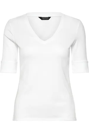 Ralph Lauren Stretch Cotton Elbow-Sleeve V-Neck Tee Tops T-shirts & Tops Short-sleeved White
