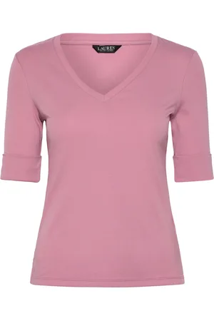 Ralph Lauren Stretch Cotton Elbow-Sleeve V-Neck Tee Tops T-shirts & Tops Short-sleeved Pink