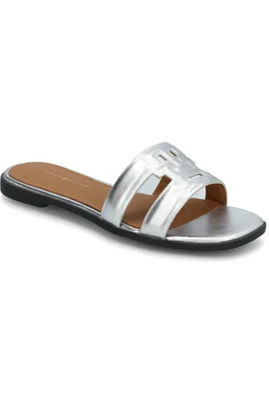 Tommy Hilfiger Th Logo Strap Metallic Mule Shoes Sandals Flat Sandals Silver