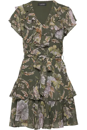 Ralph Lauren Floral Belted Crinkle Georgette Dress Knælang Kjole Green
