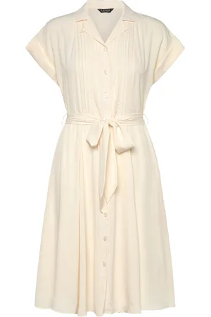 Ralph Lauren Belted Crepe Pintucked Shirtdress Kort Kjole Cream