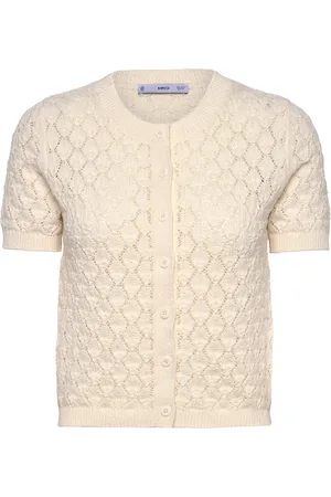 MANGO Short-Sleeved Openwork Knitted Cardigan Tops Knitwear Cardigans Cream