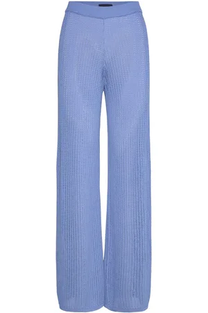 Lexington Wide-Leg Pointelle Knitted Pants Bottoms Trousers Wide Leg Blue