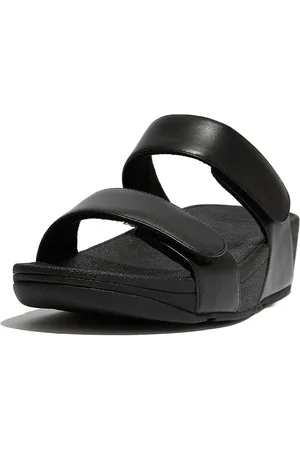 FitFlop Lulu Adjustable Leather Slides Sandal Med Hæl Black