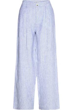 MANGO Striped Linen-Blend Trousers Bottoms Trousers Wide Leg Blue