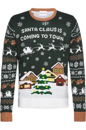 Christmas Sweats Santa Claus Is Coming To Town Led Tops Knitwear Round Necks Khaki Green