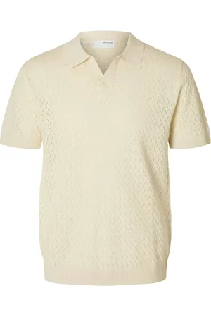 SELECTED Slhlino Ss Knit Crochet Open Polo Tops Polos Short-sleeved Cream